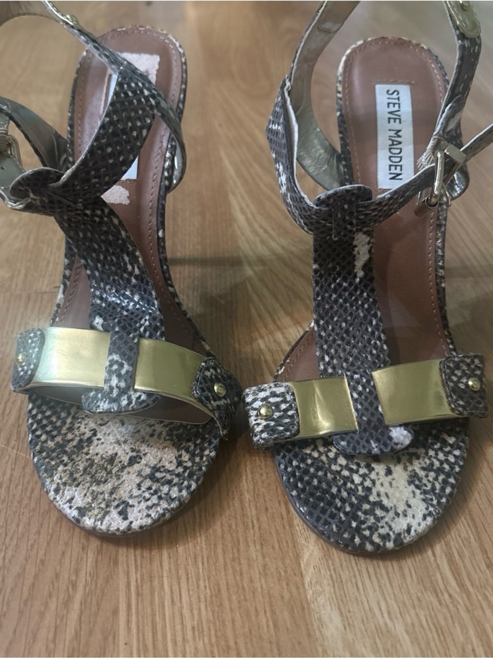 Steve Madden Snake-Print T-Strap Heels with Gold Accents